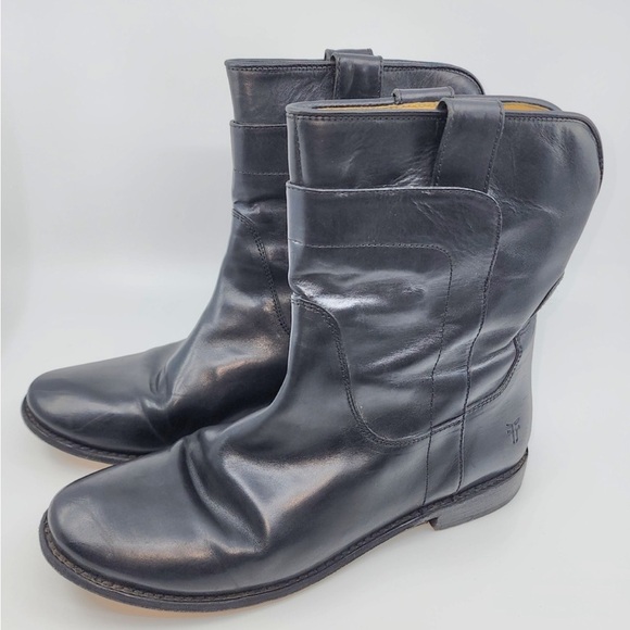 Frye Paige Short Black Leather Riding Boots Womens Size 8.5 Mid Calf Pull On - Picture 1 of 15